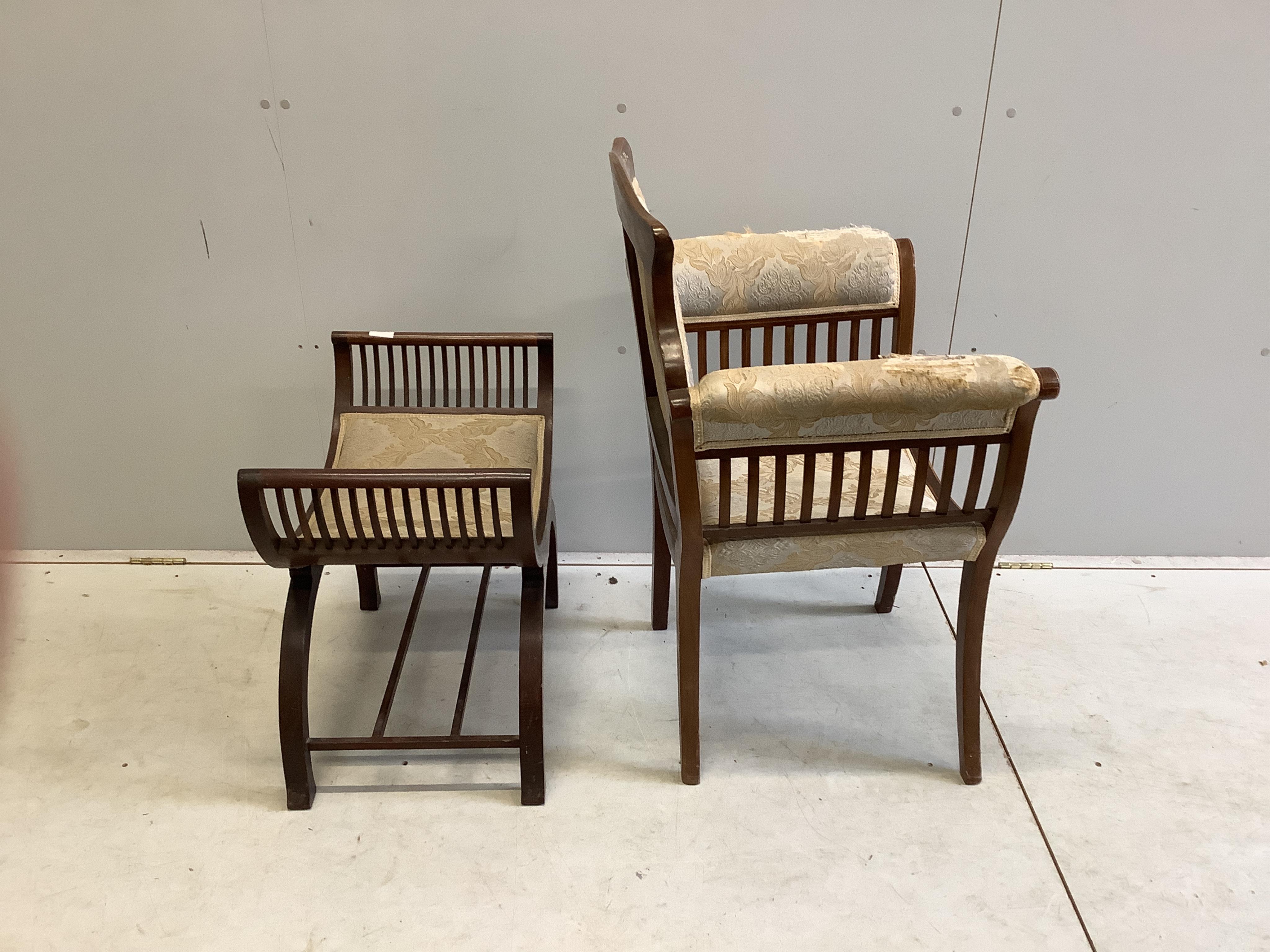 An Edwardian marquetry inlaid mahogany elbow chair together with an 'X' framed stool. Condition - fair
